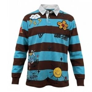 Kleep Jordy Rugby Polo Mens Large Blue Striped Long Sleeve Puff Print Graphic